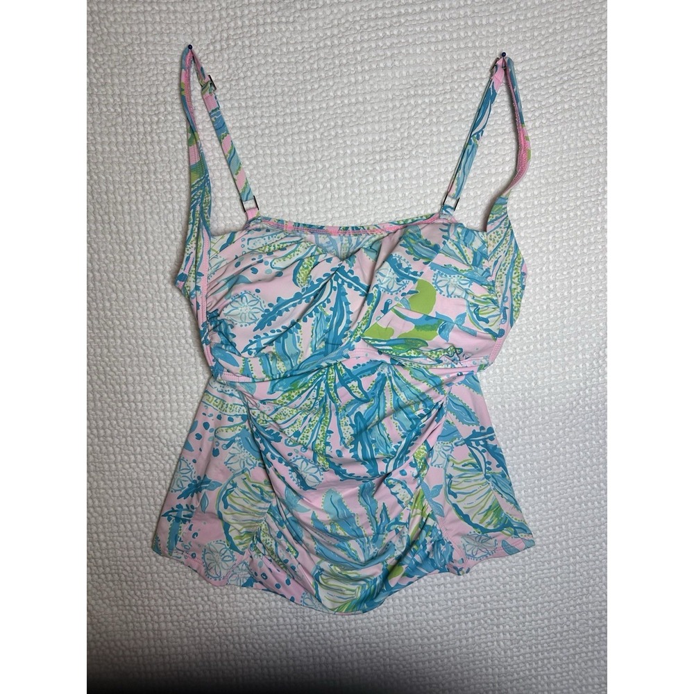 Lilly Pulitzer Womens Swim Tankini Top Size 10 Pink Blue Floral Ruched Cups